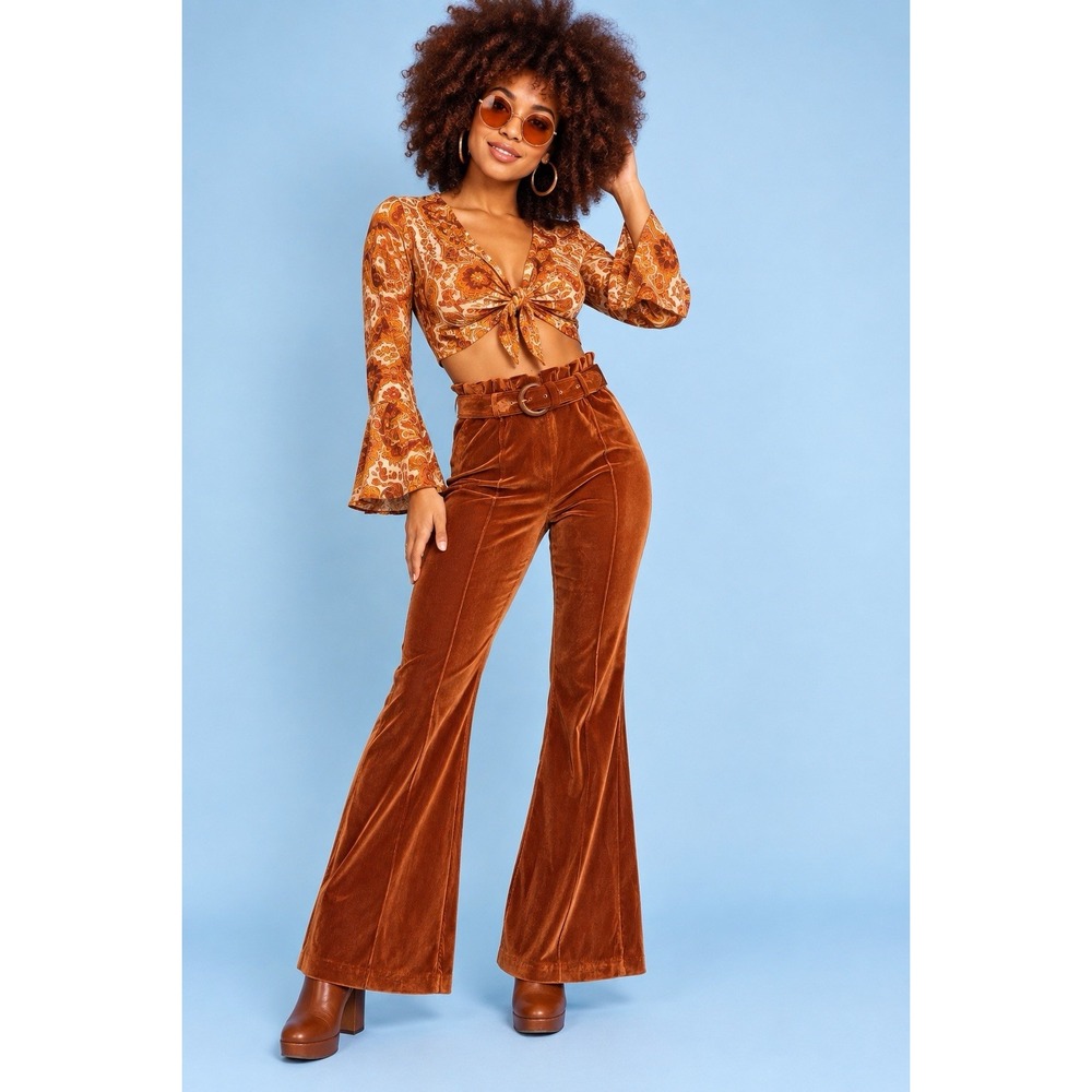 Retrofete 29x33 Woman's Wide Leg Flare Copper Pants Tall-S High Waist Fine-Wale
